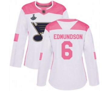 Women's St. Louis Blues #6 Joel Edmundson Authentic White Pink Fashion 2019 Stanley Cup Champions Hockey Jersey