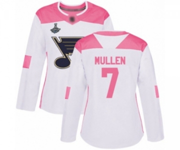 Women's St. Louis Blues #7 Joe Mullen Authentic White Pink Fashion 2019 Stanley Cup Champions Hockey Jersey