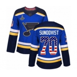 Women's St. Louis Blues #70 Oskar Sundqvist Authentic Blue USA Flag Fashion 2019 Stanley Cup Champions Hockey Jersey