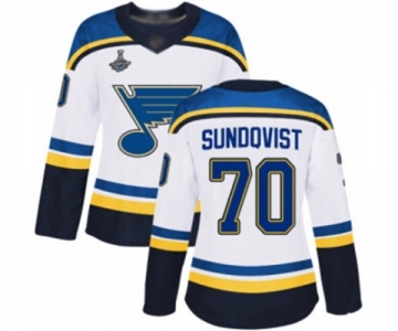 Women's St. Louis Blues #70 Oskar Sundqvist Authentic White Away 2019 Stanley Cup Champions Hockey Jersey