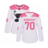 Women's St. Louis Blues #70 Oskar Sundqvist Authentic White Pink Fashion 2019 Stanley Cup Champions Hockey Jersey