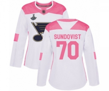 Women's St. Louis Blues #70 Oskar Sundqvist Authentic White Pink Fashion 2019 Stanley Cup Champions Hockey Jersey