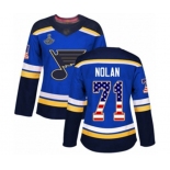 Women's St. Louis Blues #71 Jordan Nolan Authentic Blue USA Flag Fashion 2019 Stanley Cup Champions Hockey Jersey