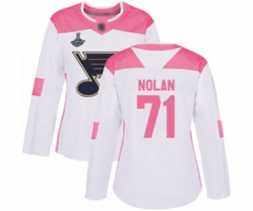 Women's St. Louis Blues #71 Jordan Nolan Authentic White Pink Fashion 2019 Stanley Cup Champions Hockey Jersey