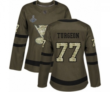 Women's St. Louis Blues #77 Pierre Turgeon Authentic Green Salute to Service 2019 Stanley Cup Champions Hockey Jersey