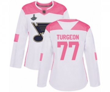 Women's St. Louis Blues #77 Pierre Turgeon Authentic White Pink Fashion 2019 Stanley Cup Champions Hockey Jersey