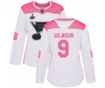 Women's St. Louis Blues #9 Doug Gilmour Authentic White Pink Fashion 2019 Stanley Cup Champions Hockey Jersey