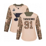 Women's St. Louis Blues #91 Vladimir Tarasenko Authentic Camo Veterans Day Practice 2019 Stanley Cup Champions Hockey Jersey