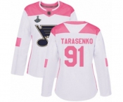 Women's St. Louis Blues #91 Vladimir Tarasenko Authentic White Pink Fashion 2019 Stanley Cup Champions Hockey Jersey