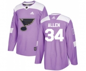 Youth Adidas St. Louis Blues #34 Jake Allen Authentic Purple Fights Cancer Practice NHL Jersey