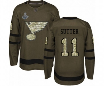 Youth St. Louis Blues #11 Brian Sutter Authentic Green Salute to Service 2019 Stanley Cup Champions Hockey Jersey