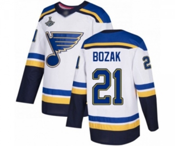 Youth St. Louis Blues #21 Tyler Bozak Authentic White Away 2019 Stanley Cup Champions Hockey Jersey