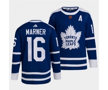 Men's Toronto Maple Leafs Black #16 Mitch Marner Blue 2022 Reverse Retro Stitched Jersey