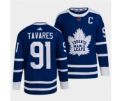 Men's Toronto Maple Leafs Black #91 John Tavares Blue 2022 Reverse Retro Stitched Jersey