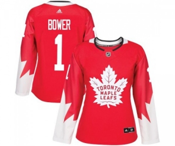 Women Adidas Toronto Maple Leafs #1 Johnny Bower Authentic Red Alternate NHL Jersey