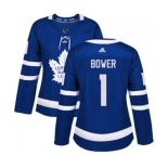 Women Adidas Toronto Maple Leafs #1 Johnny Bower Authentic Royal Blue Home NHL Jersey