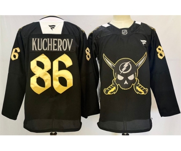 Men's Tampa Bay Lightning #86 Nikita Kucherov 2024-25 Black Gasparilla Inspired Pirate-Themed Warmup Stitched Jersey