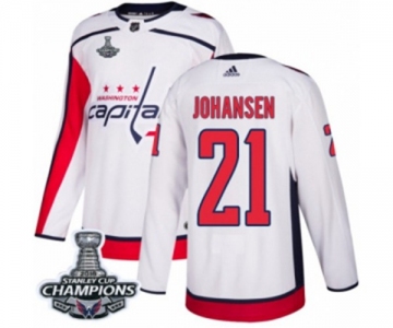 Men Adidas Washington Capitals #21 Lucas Johansen Authentic White Away 2018 Stanley Cup Final Champions NHL Jersey