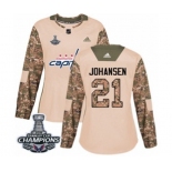 Women Adidas Washington Capitals #21 Lucas Johansen Authentic Camo Veterans Day Practice 2018 Stanley Cup Final Champions NHL Jersey