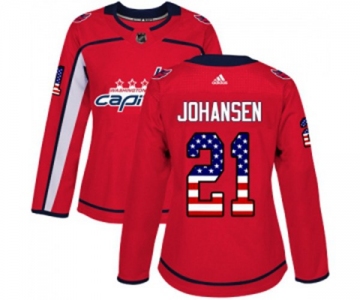 Women Adidas Washington Capitals #21 Lucas Johansen Authentic Red USA Flag Fashion NHL Jersey