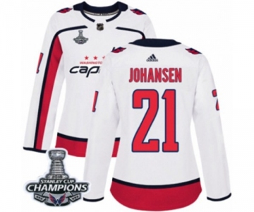 Women Adidas Washington Capitals #21 Lucas Johansen Authentic White Away 2018 Stanley Cup Final Champions NHL Jersey