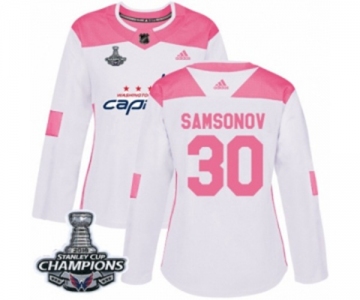 Women Adidas Washington Capitals #30 Ilya Samsonov Authentic White Pink Fashion 2018 Stanley Cup Final Champions NHL Jersey