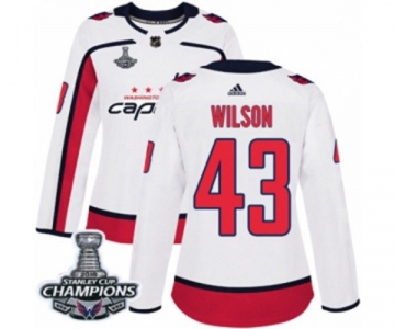 Women Adidas Washington Capitals #43 Tom Wilson Authentic White Away 2018 Stanley Cup Final Champions NHL Jersey