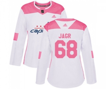 Women Adidas Washington Capitals #68 Jaromir Jagr Authentic White Pink Fashion NHL Jersey