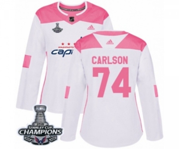 Women Adidas Washington Capitals #74 John Carlson Authentic White Pink Fashion 2018 Stanley Cup Final Champions NHL Jersey