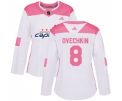 Women Adidas Washington Capitals #8 Alex Ovechkin Authentic White Pink Fashion NHL Jersey