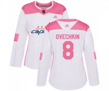 Women Adidas Washington Capitals #8 Alex Ovechkin Authentic White Pink Fashion NHL Jersey