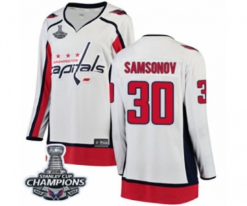 Women Washington Capitals #30 Ilya Samsonov Fanatics Branded White Away Breakaway 2018 Stanley Cup Final Champions NHL Jersey