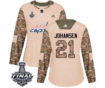 Women's Adidas Washington Capitals #21 Lucas Johansen Authentic Camo Veterans Day Practice 2018 Stanley Cup Final NHL Jersey