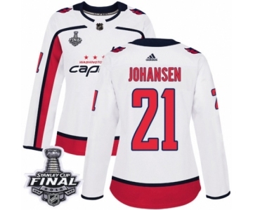 Women's Adidas Washington Capitals #21 Lucas Johansen Authentic White Away 2018 Stanley Cup Final NHL Jersey