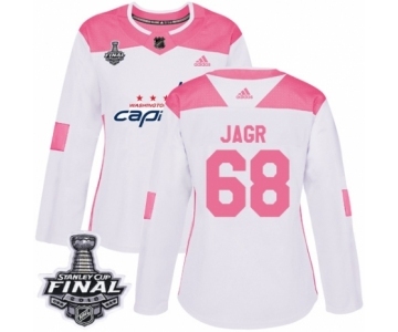 Women's Adidas Washington Capitals #68 Jaromir Jagr Authentic White Pink Fashion 2018 Stanley Cup Final NHL Jersey