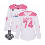 Women's Adidas Washington Capitals #74 John Carlson Authentic White Pink Fashion 2018 Stanley Cup Final NHL Jersey