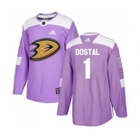 Anaheim Ducks #1 Lukas Dostal Authentic Purple Fights Cancer Practice Hockey Jersey