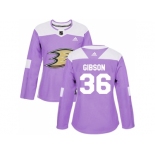 Women Adidas Anaheim Ducks #36 John Gibson Purple Authentic Fights Cancer Stitched NHL Jersey