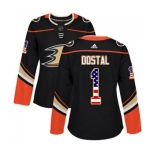 Women Anaheim Ducks #1 Lukas Dostal Authentic Black USA Flag Fashion Hockey Jersey