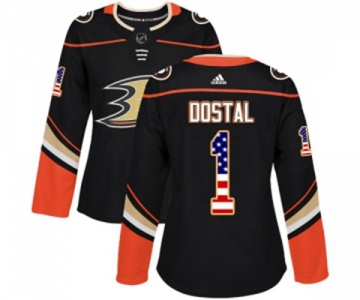 Women Anaheim Ducks #1 Lukas Dostal Authentic Black USA Flag Fashion Hockey Jersey