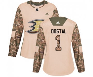 Women Anaheim Ducks #1 Lukas Dostal Authentic Camo Veterans Day Practice Hockey Jersey