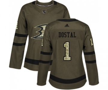 Women Anaheim Ducks #1 Lukas Dostal Authentic Green Salute to Service Hockey Jersey