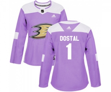 Women Anaheim Ducks #1 Lukas Dostal Authentic Purple Fights Cancer Practice Hockey Jersey