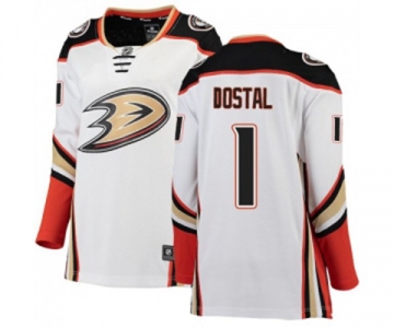 Women Anaheim Ducks #1 Lukas Dostal Authentic White Away Fanatics Branded Breakaway Hockey Jersey