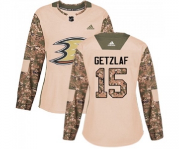 Women Anaheim Ducks #15 Ryan Getzlaf Authentic Camo Veterans Day Practice Hockey Jersey