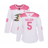 Women Anaheim Ducks #5 Korbinian Holzer Authentic White Pink Fashion Hockey Jersey