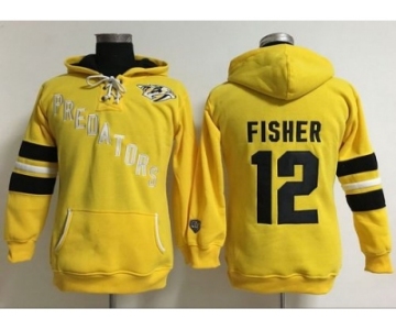 Women Nashville Predators #12 Mike Fisher Yellow Old Time Heidi Hoodie NHL Hoodie