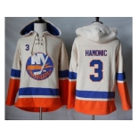 Men's New York Islanders #3 Travis Hamonic Cream Sawyer Hooded Sweatshirt Stitched NHL Jersey