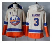 Men's New York Islanders #3 Travis Hamonic Cream Sawyer Hooded Sweatshirt Stitched NHL Jersey