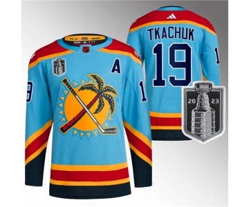 Men's Florida Panthers #19 Matthew Tkachuk Blue 2023 Stanley Cup Final Reverse Retro Stitched Jersey